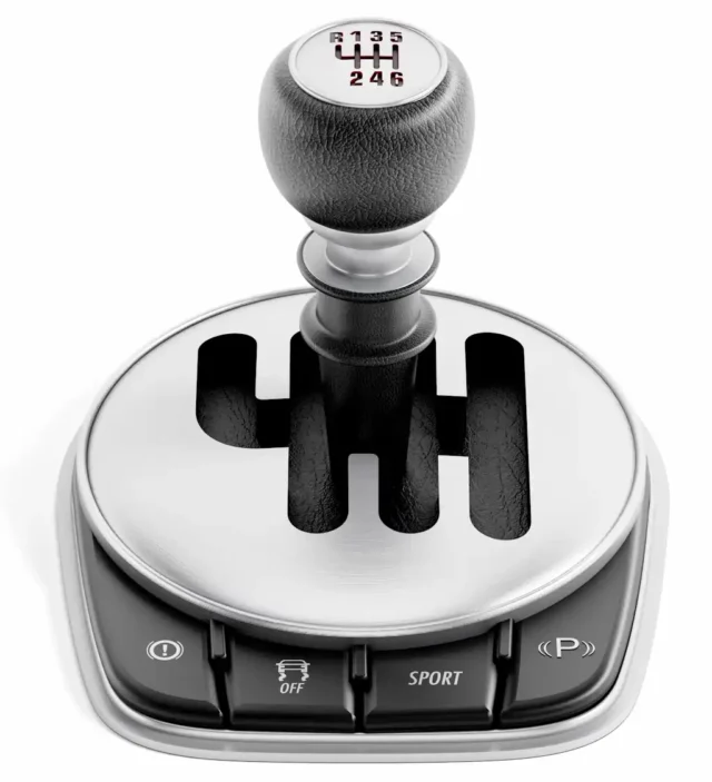 Six speed manual gear shifter with accessory buttons